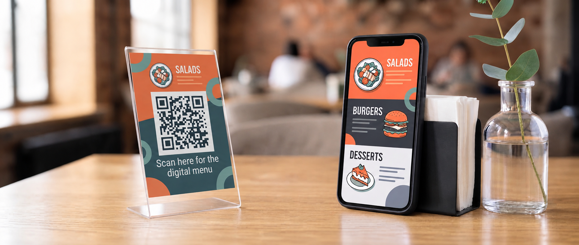 QR code menu and digital menu displayed on a smartphone in a restaurant