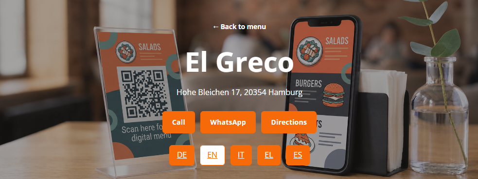 QR code digital menu shown on a smartphone in a restaurant